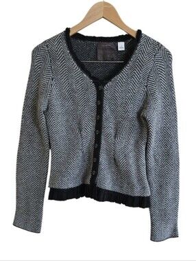 Guinevere Chevron Lambswool Angora Hair Blend Ruffle Hem Cardigan. Size Medium